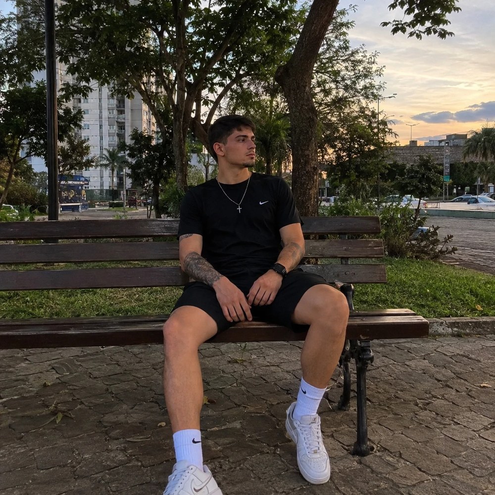 Felipe, criador do App Futebol, sentado em um banco de praça ao pôr do sol